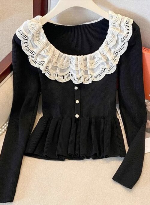 Black Ruffle Collar Peplum Top | Kazuha - Le Sserafim