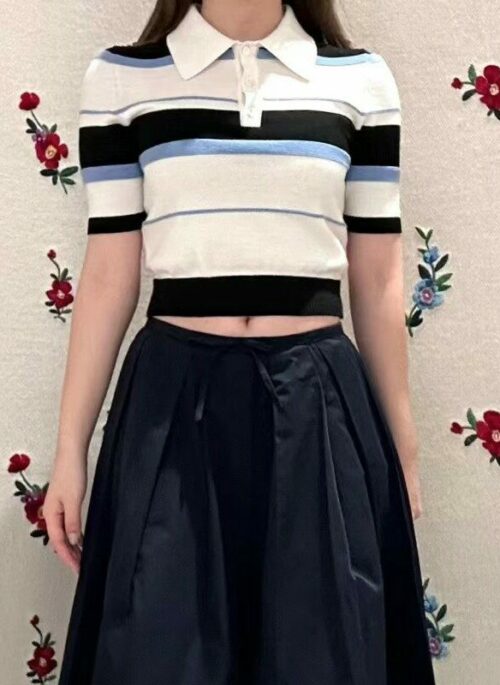 Blue And White Stripes Cropped Polo Shirt | Kazuha - Le Sserafim