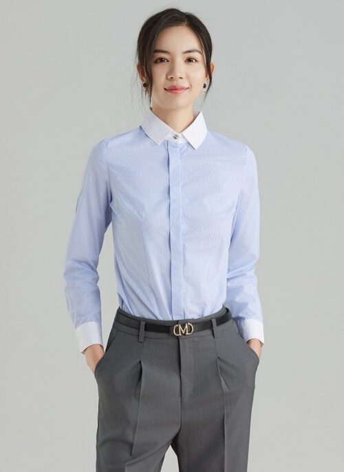 Blue Pinstripe Shirt With White Collar | Yoon Joo Won - Family By Choice