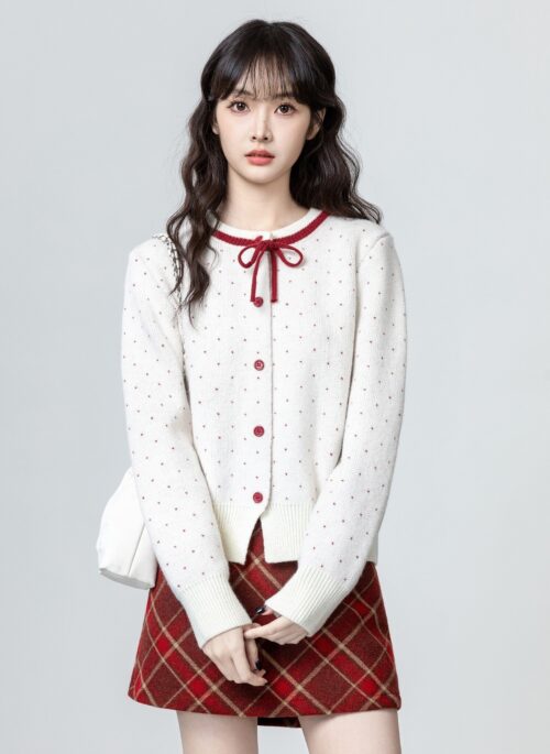 Bow Tie Contrast Knit Cardigan Sweater