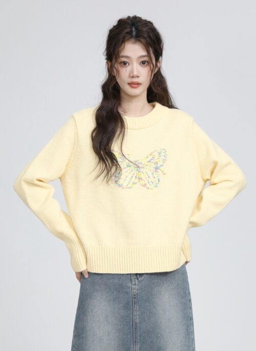 Butterfly Jacquard Yellow Knit Sweater