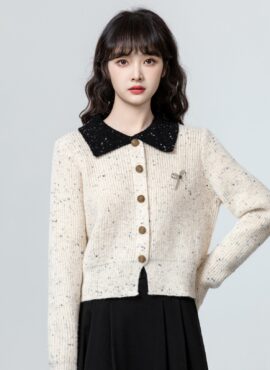 Colorblock Bow Knit Polo Cardigan