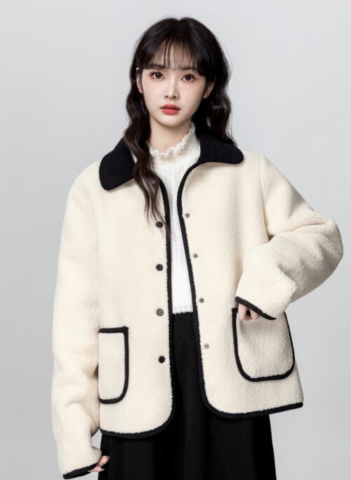 Cream Shearling Collar Cozy Jacket With Pockets