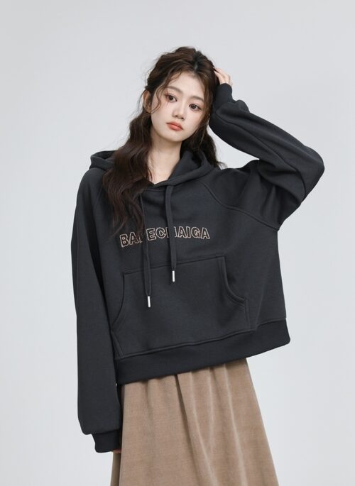 Dark Gray Embroidered Fleece Hoodie