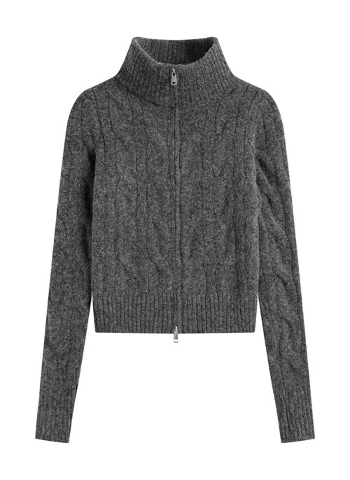 Dark Grey Zip-Up Knit Cardigan | Chaewon – Le Sserafim