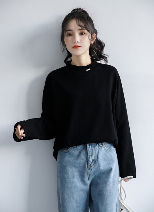 Embroidered Black Mock Neck Top