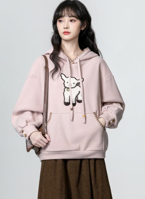 Embroidered Pink Fleece Hoodie Sweater