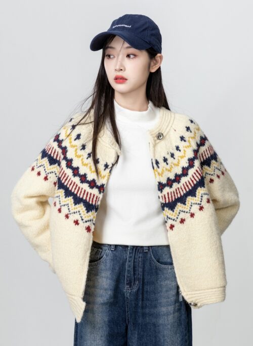 Fair Isle Knit Zip Cardigan Sweater