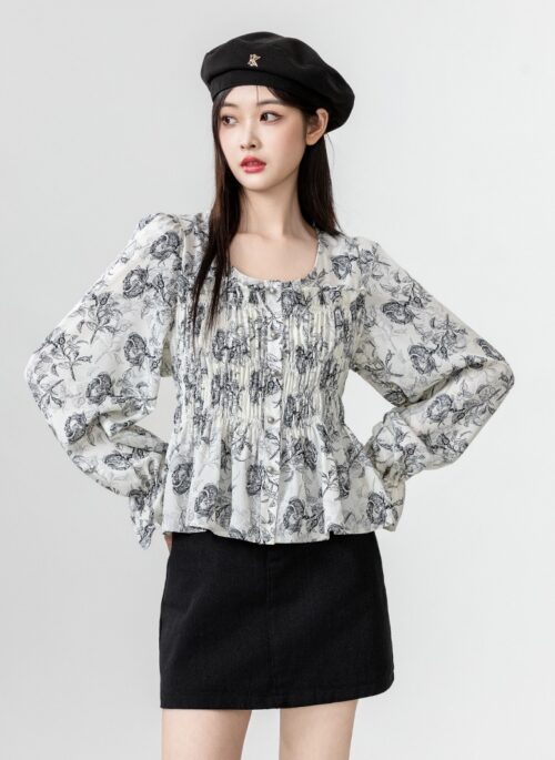 Floral Puff Sleeve Short Blouse