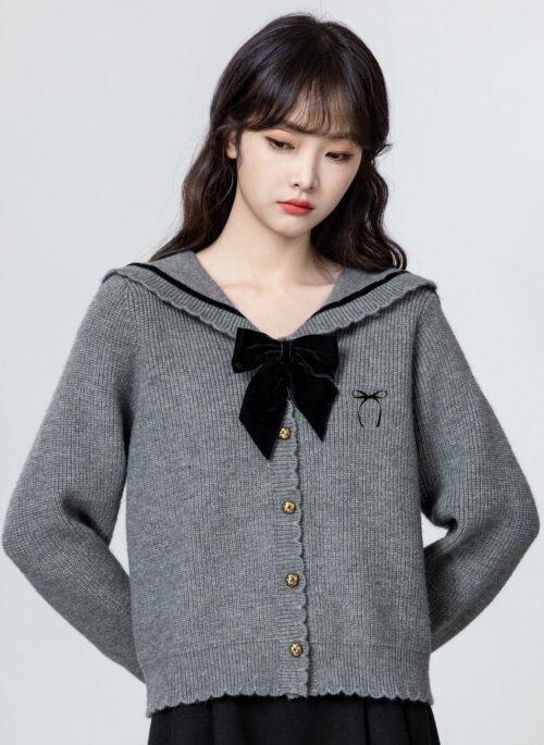 Gray Bow Knit Cardigan Sweater