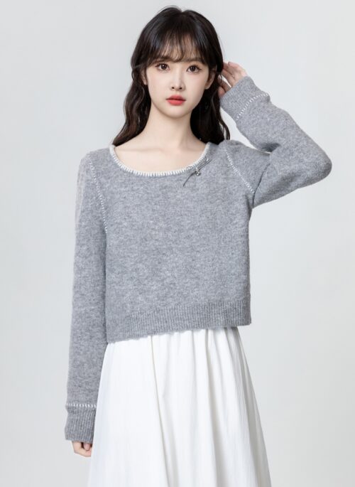 Gray Bow Knit Sweater Top