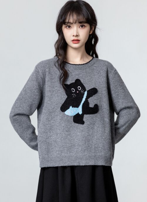 Gray Cartoon Cat Knit Sweater