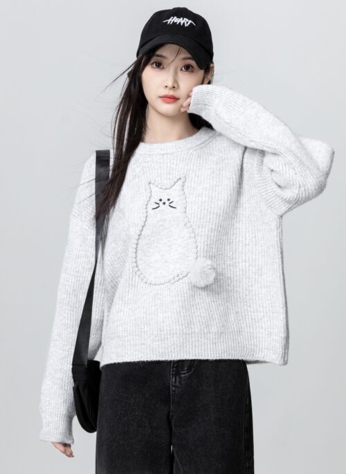 Gray Cartoon Knit Sweater Pullover