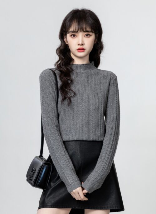 Gray High Neck Knit Sweater