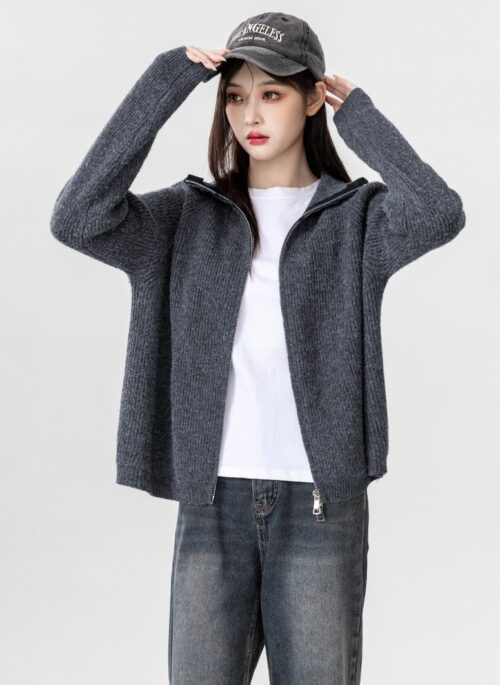 Gray Knit Zipper Cardigan Sweater