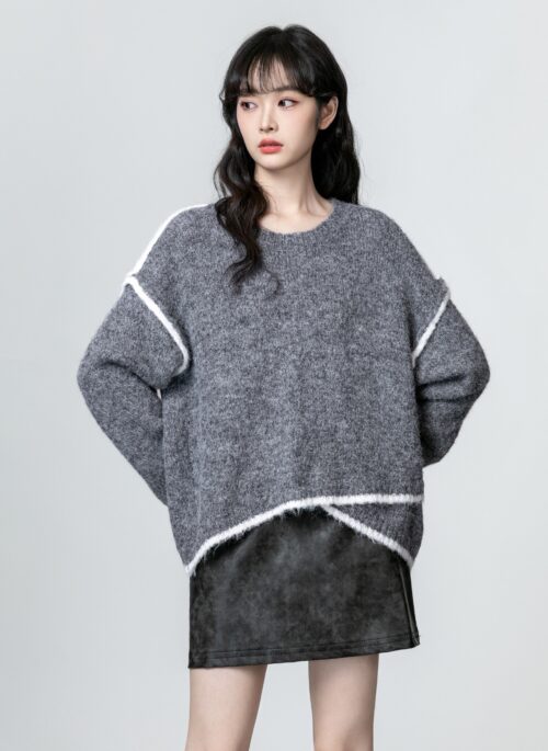 Gray Oversized Colorblock Knit Sweater