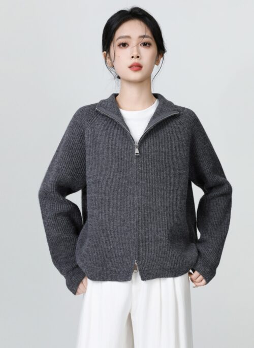 Gray Thick Turtleneck Knit Cardigan