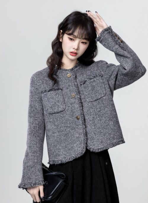 Gray Wool Coat With Fringe Design