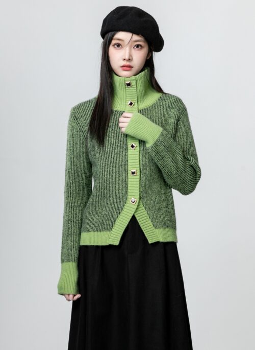 Green High Neck Knit Cardigan Sweater