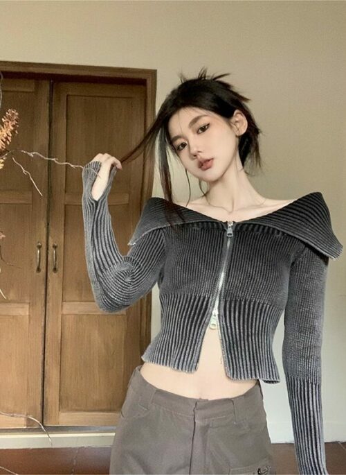 Grey Ribbed Off-Shoulders Zipper Cardigan | Shuhua - (G)I-DLE