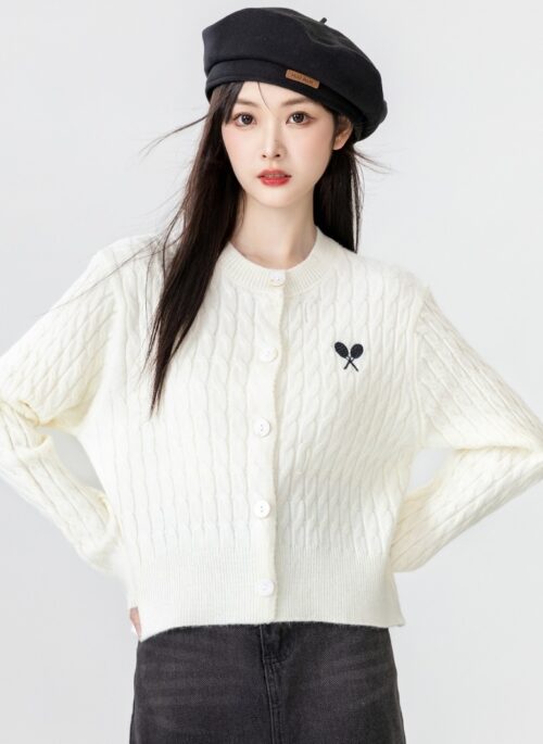 Heart Embroidered Cable Knit Cardigan