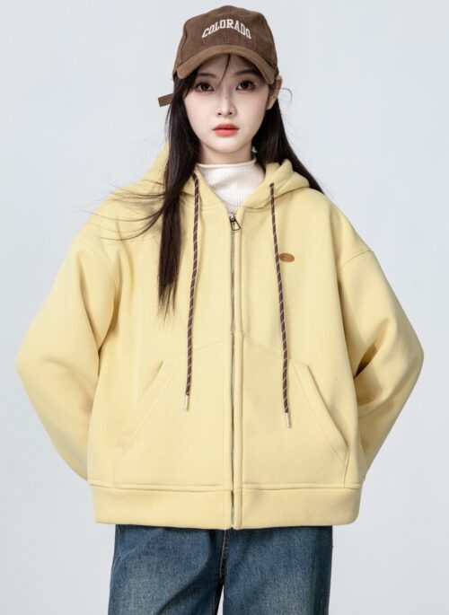 Hooded Yellow Sweater Jacket Warm Thick Zipper Hoodie