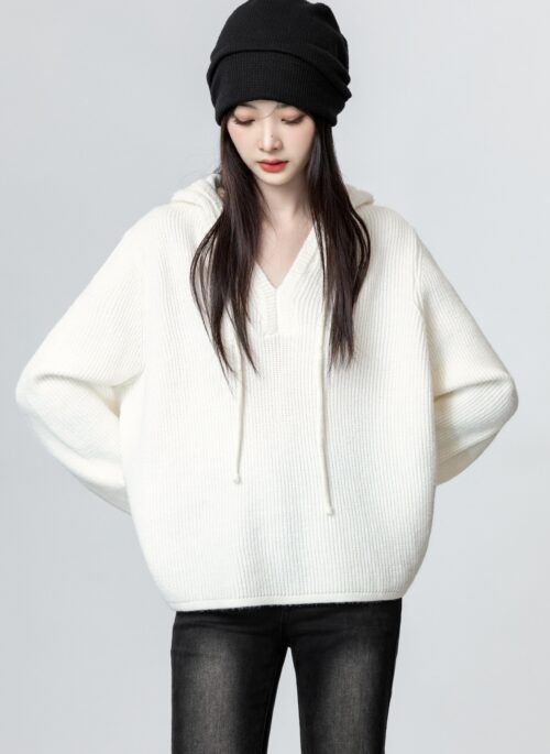 Ivory Knit Vneck Hoodie Sweater