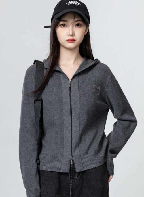 Knitted Double Zipper Hooded Cardigan