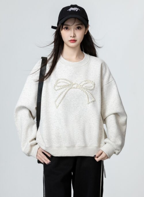 Light Gray Bowknot Pullover Sweatshirt