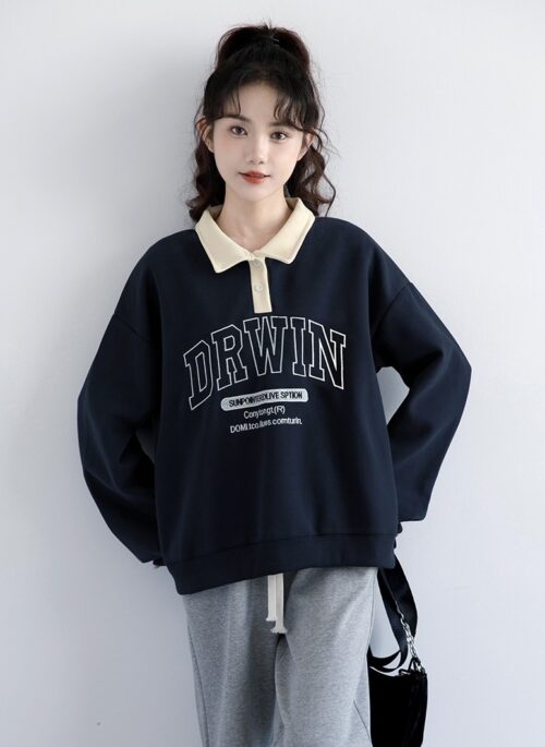 Navy Blue Polo Sweatshirt Pullover