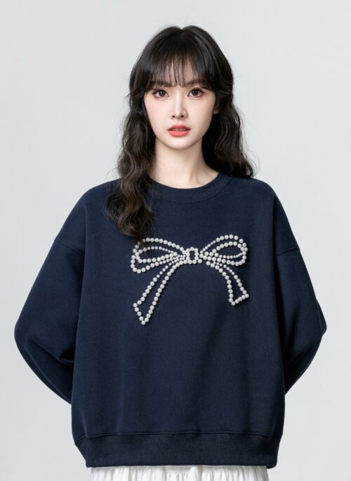 Navy Bow Crewneck Fleece Sweatshirt