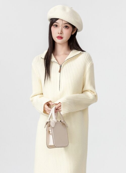 New Beige Knit Midi Sweater Dress