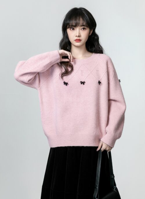 Pink Bow Knit Pullover Sweater