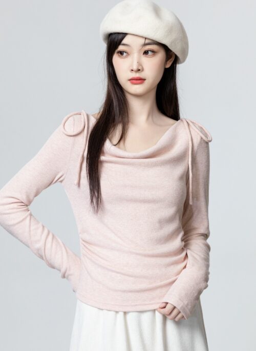 Pink Bow Tie Irregular Long Sleeve Top