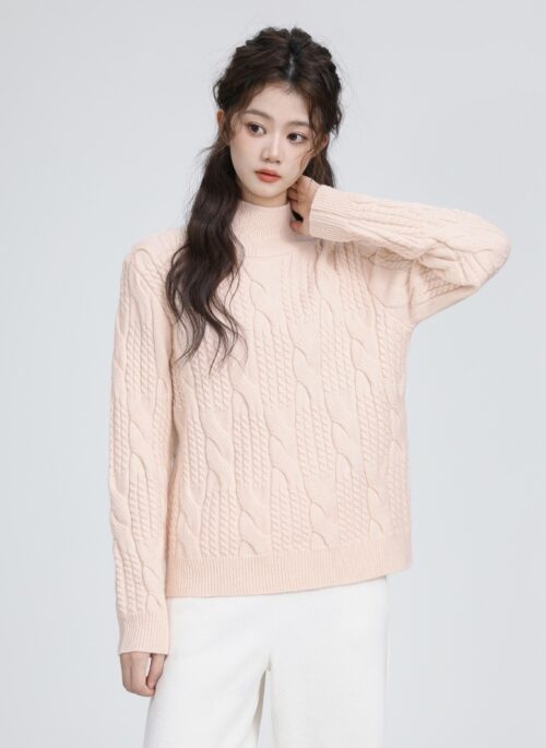 Pink Cable Knit Turtleneck Sweater