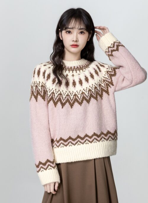 Pink Nordic Fair Isle Knit Sweater