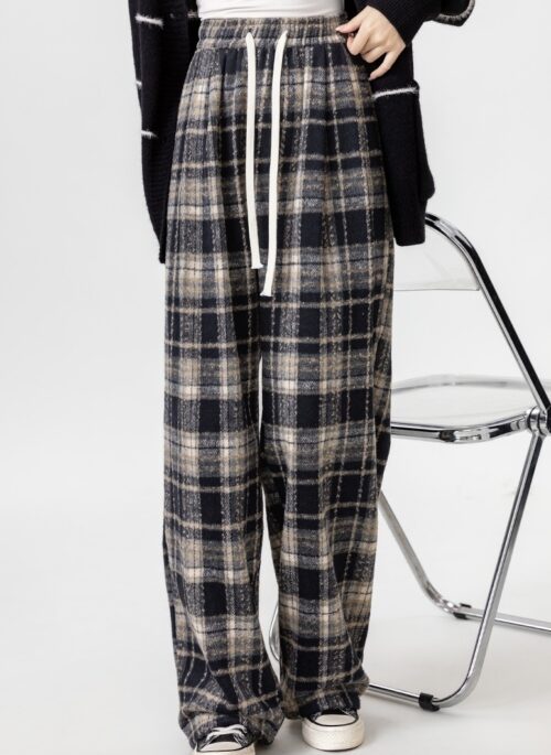 Plaid Highwaist Loose Wool Trousers