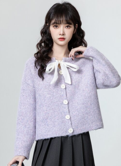 Purple Bow Tie Knit Cardigan Sweater