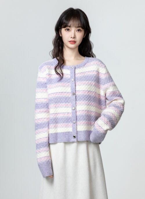 Purple Striped Thick Knit Cardigan