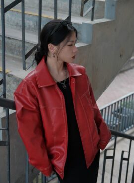 Red Collared Faux Leather Jacket | Changbin – Stray Kids