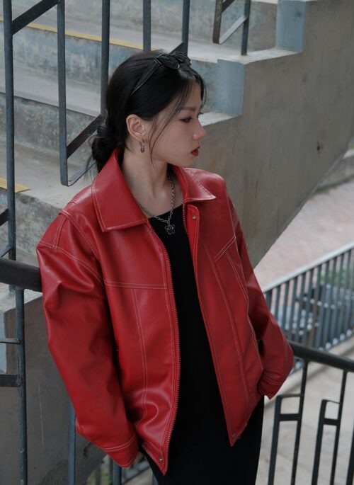 Red Collared Faux Leather Jacket | Changbin - Stray Kids