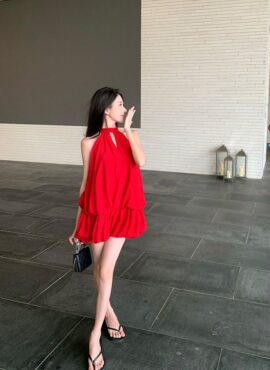 Red Halter Backless Bubble Dress | Dahyun – Twice