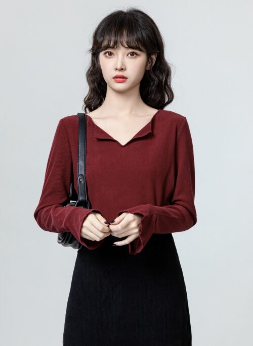 Red Vneck Long Sleeve Top