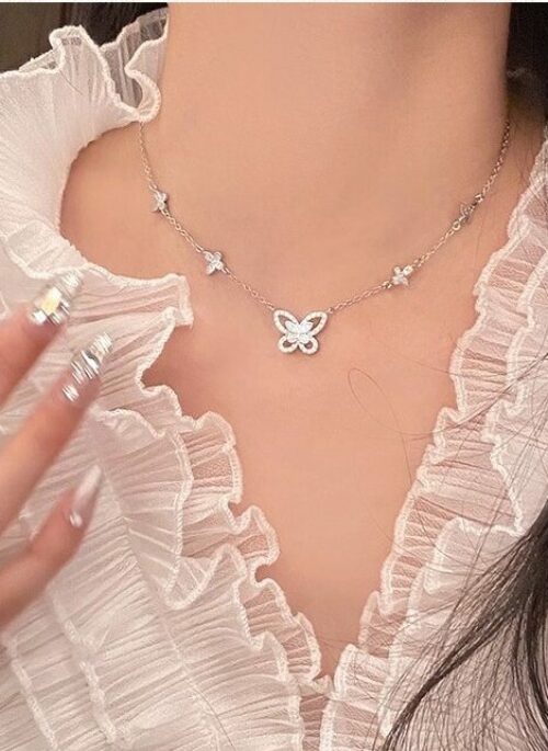 Silver Diamond Butterfly Chain Necklace | Sana – Twice