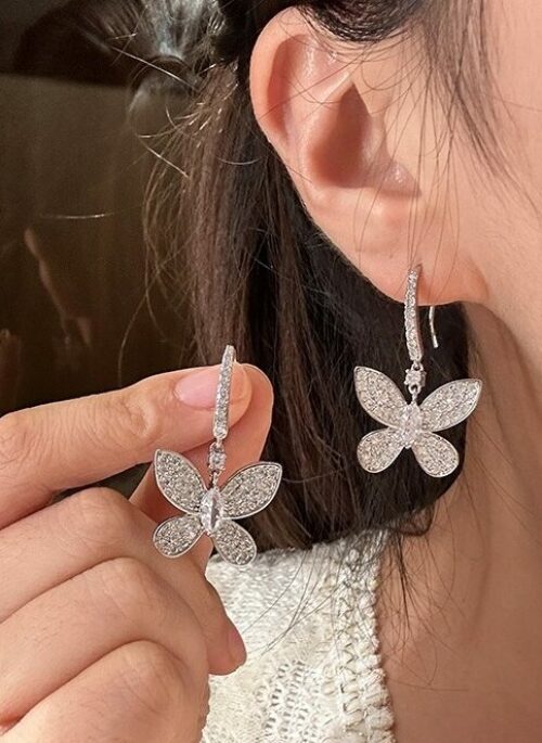 Silver Diamond Butterfly Hook Earrings | Sana - Twice