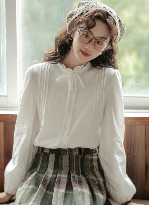 White Ruffle Neckline Pleated Blouse | Yoon Joo Won - Family By Choice