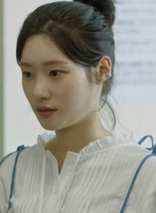 White Ruffle Neckline Pleated Blouse | Yoon Joo Won - Family By Choice