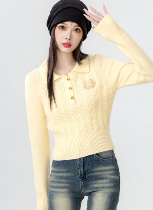 Yellow Cable Knit Polo Sweater