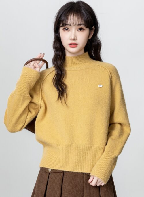 Yellow Loose Knit Sweater With Mini Bow Button Design