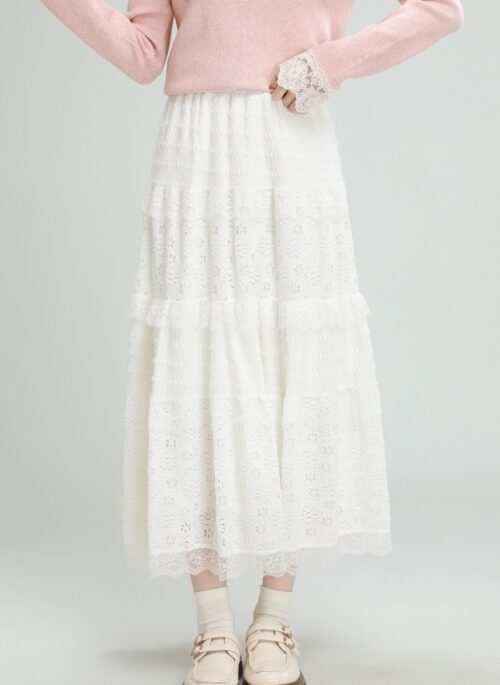 Apricot Lace High Waist Midi Skirt